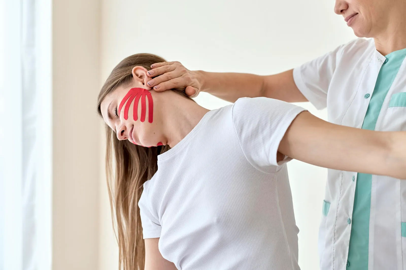 Chiropractor examining a patient's neck to find the source of her headaches