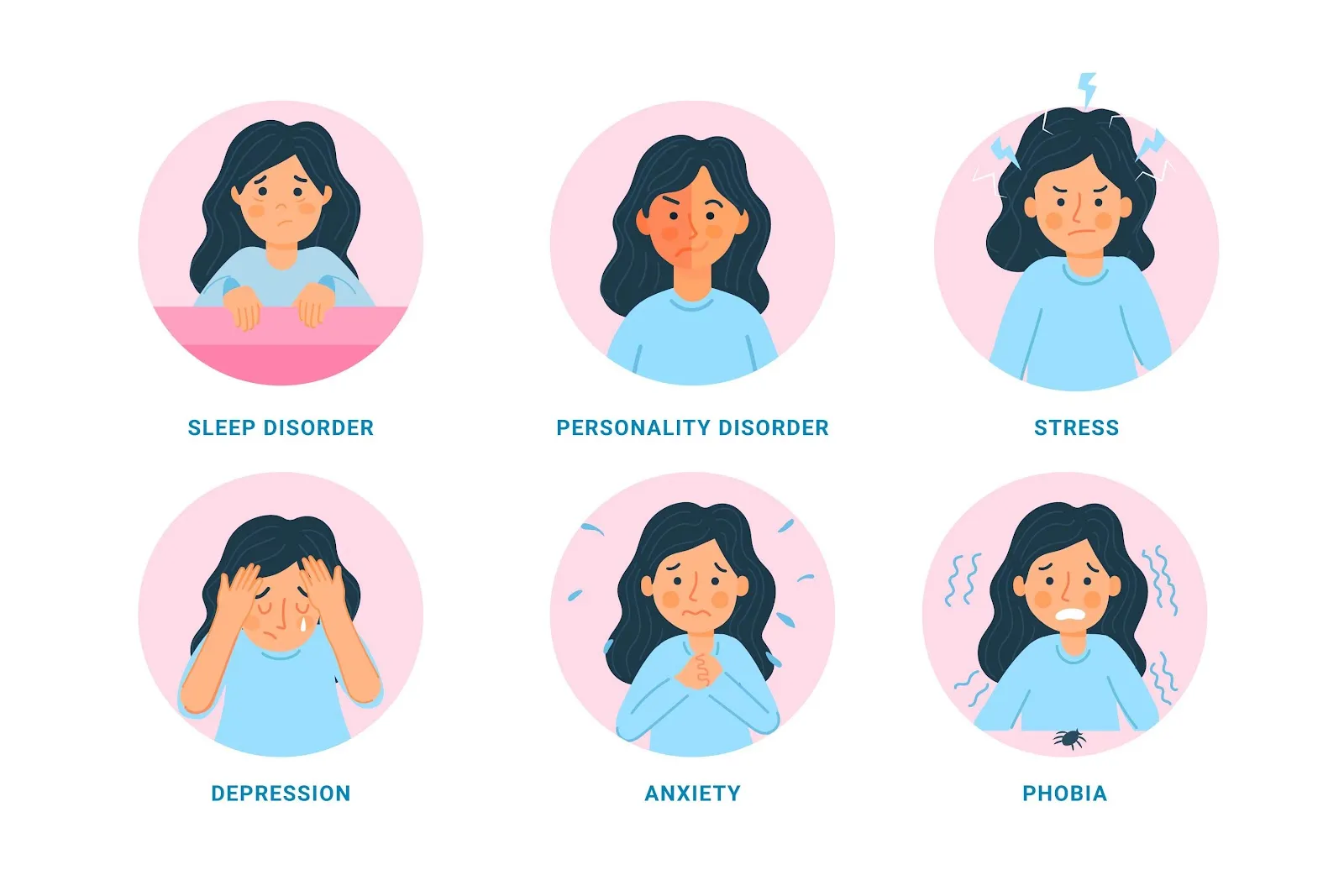 Illustration of common headache triggers including stress, anxiety, and sleep problems